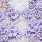 A tela bordada/roxo do laço da flor 3D ata o poliéster material para o vestido de noite