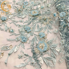 Tela azul do laço da flor 3D do poliéster de 20% para o vestido de noite